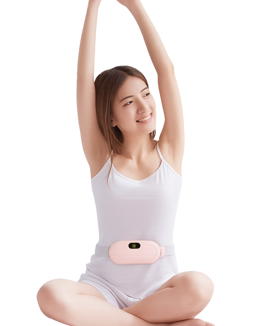 Woman wearing a white tank top with a pink heating pad on her stomach against a white background