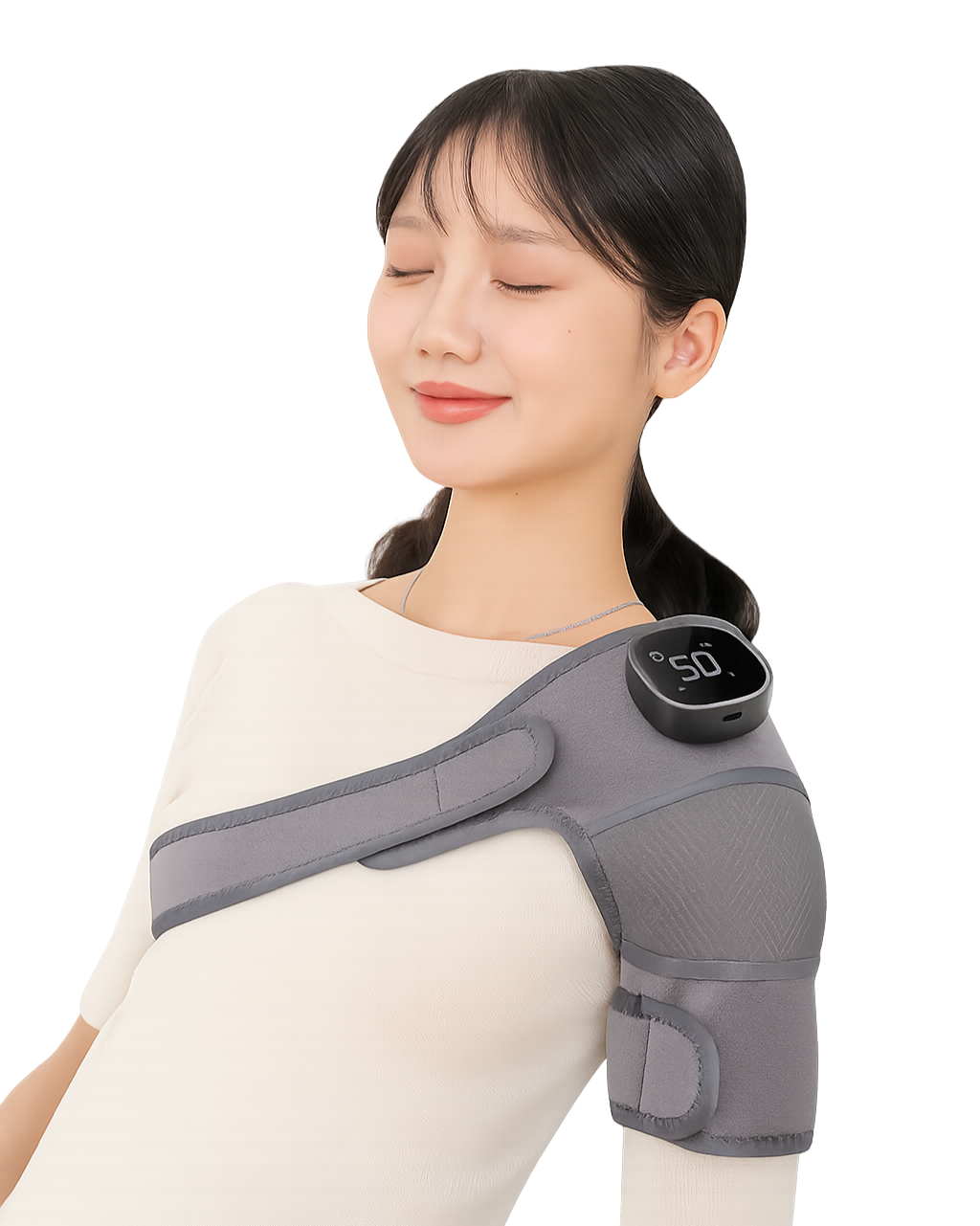 Woman using a shoulder massager on a white background